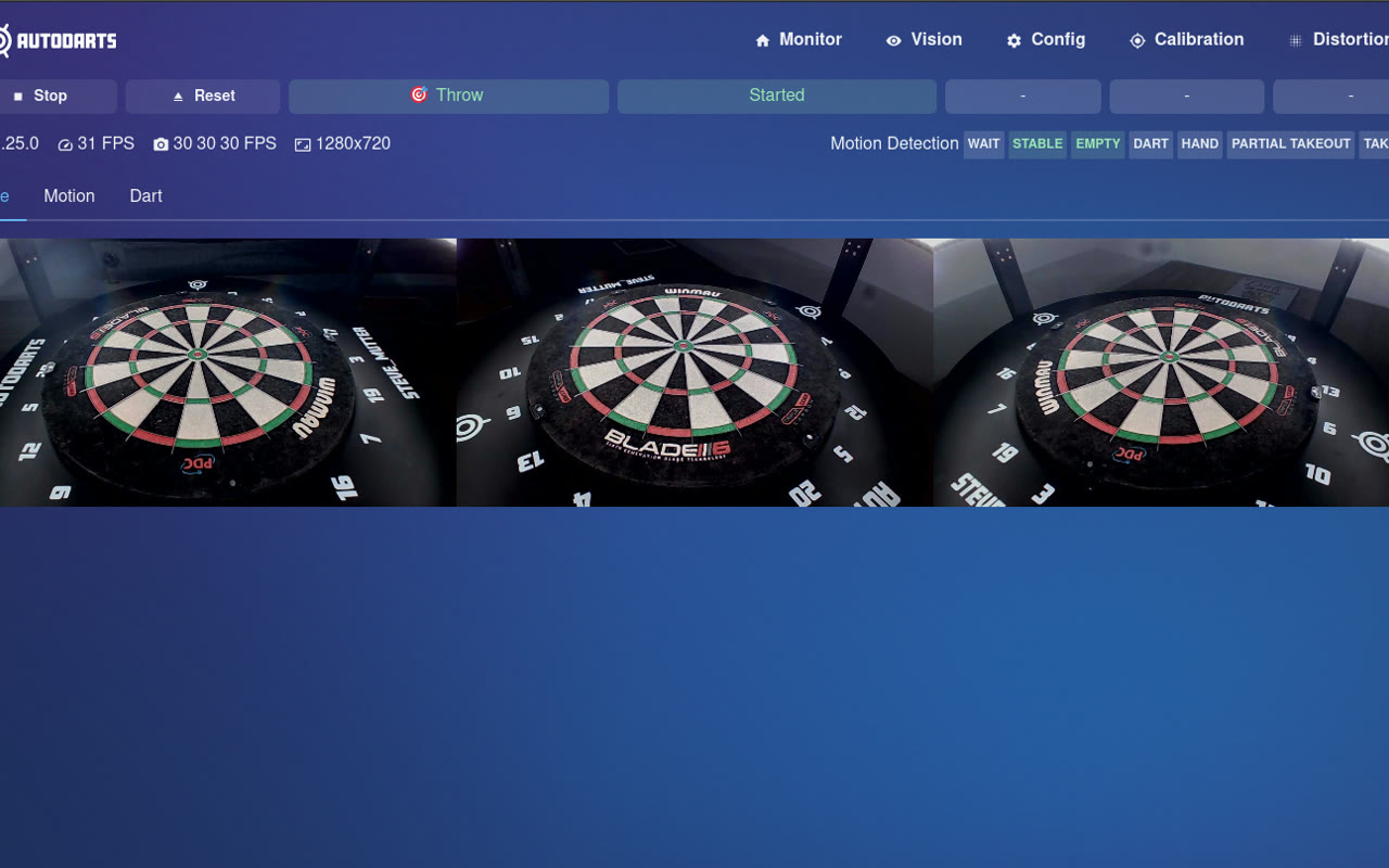 The Autodarts board view showing detected dart positions on the board.