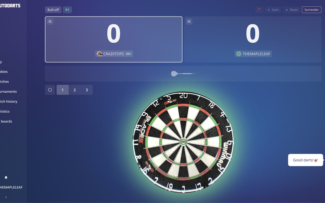An Autodarts match in progress, scores updating automatically as darts land.