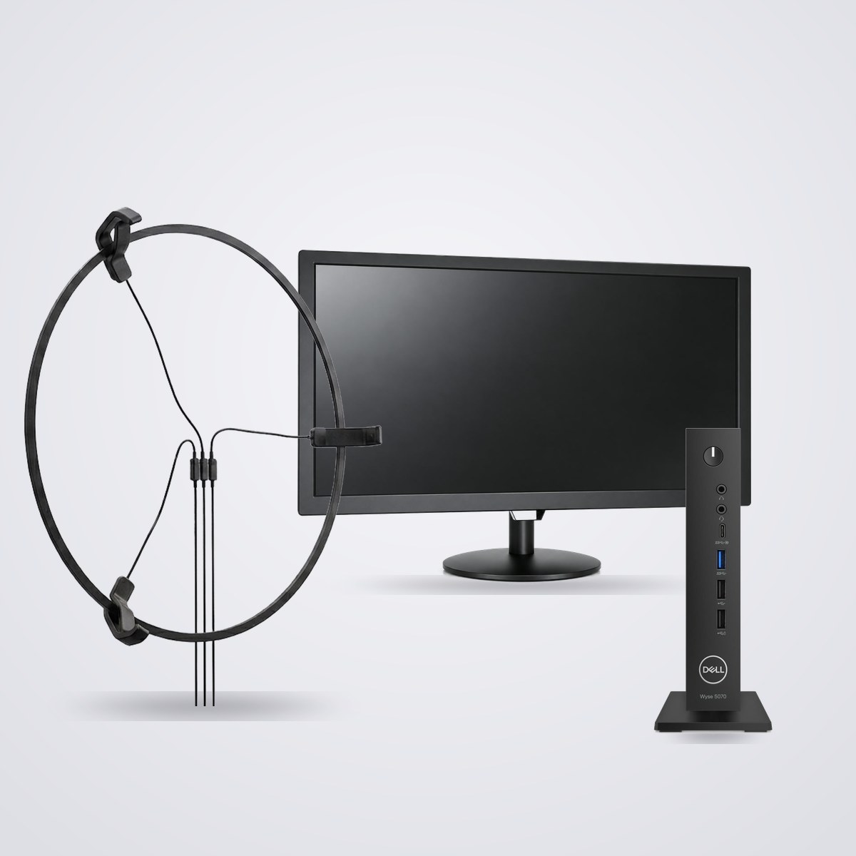The three parts of the complete setup together: the light ring with its camera mounts, the mini PC, and the 18-inch touchscreen monitor on its stand. No dartboard is included.