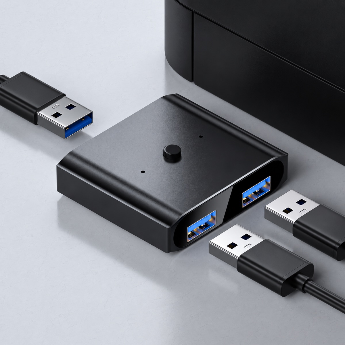A USB 3.0 two-way sharing switch with three USB-A connections, as supplied in the Scolia to Autodarts switch kit.